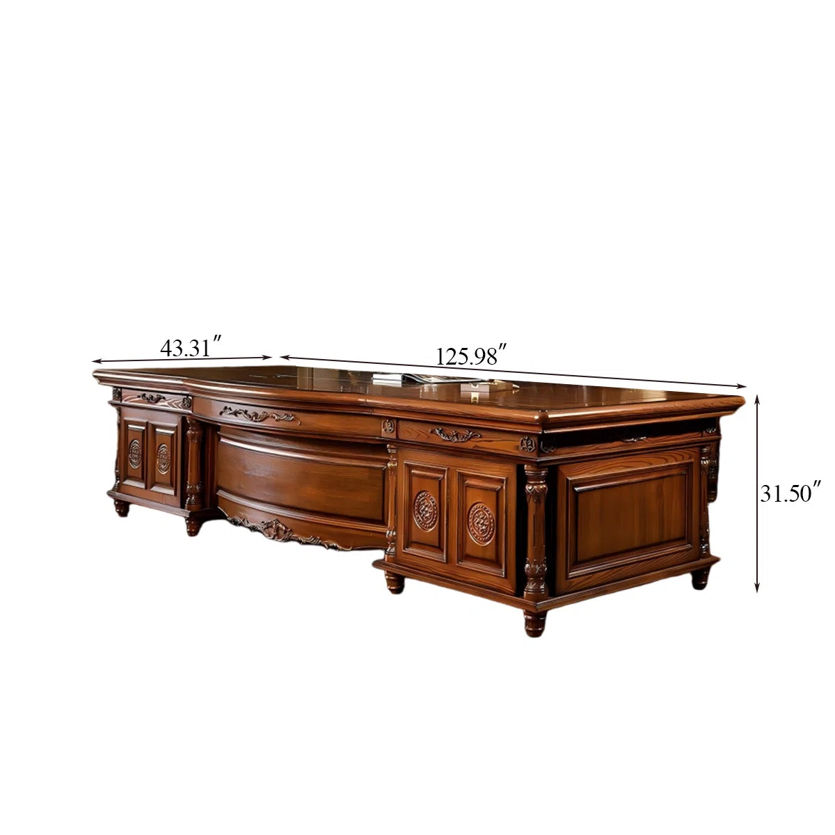 Ouch Cart Luxury Executive Writing Desk | Extra-Wide Carved Wooden Office Table with Antique Brass Details
