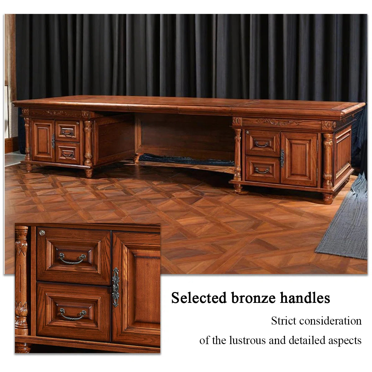 Ouch Cart Luxury Executive Writing Desk | Extra-Wide Carved Wooden Office Table with Antique Brass Details