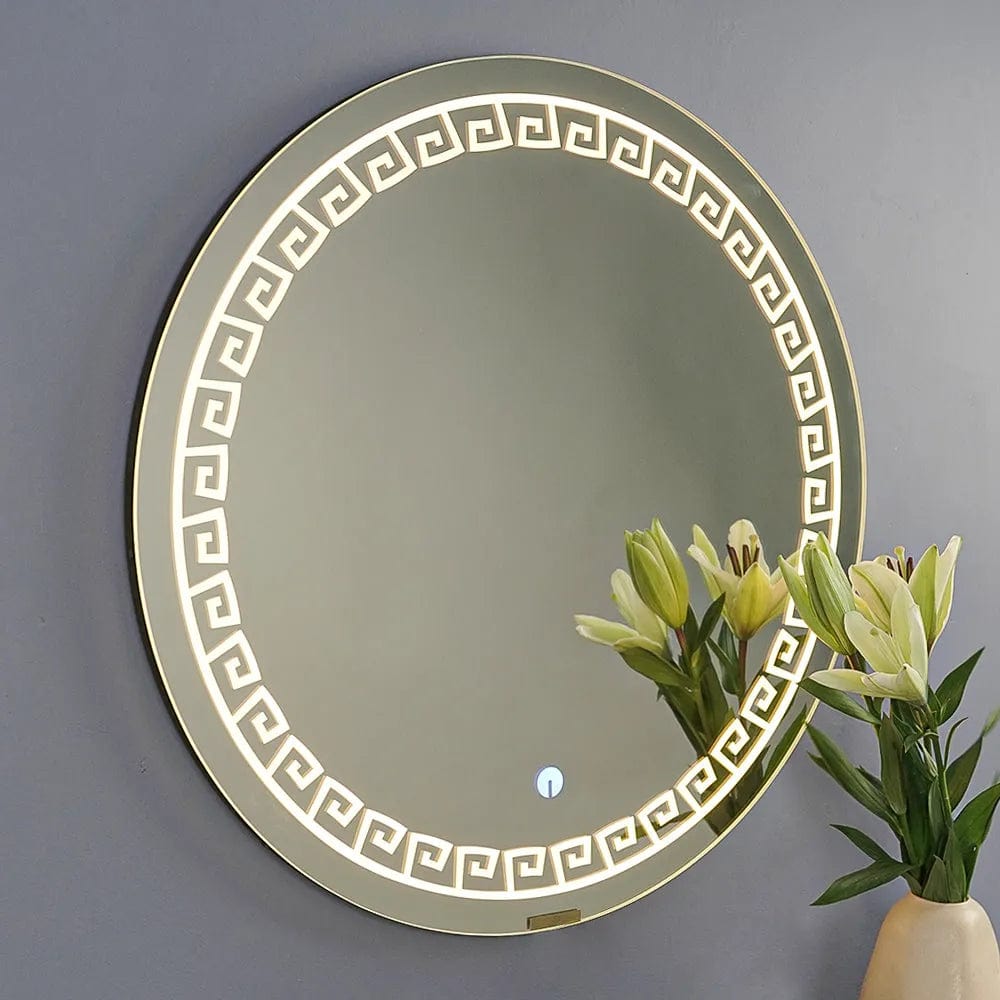 Greek Key Motif LED Round Bathroom Mirror
