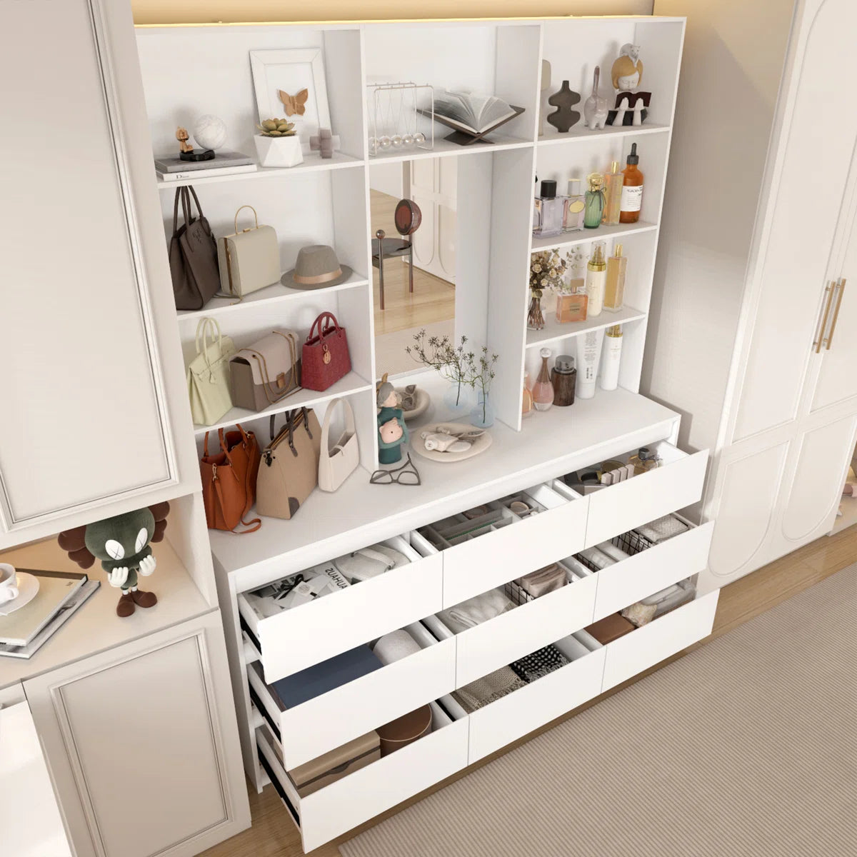 Spacious 9-Drawer 7-Shelf Wardrobe – Wooden Closet with Full-Length Mirror