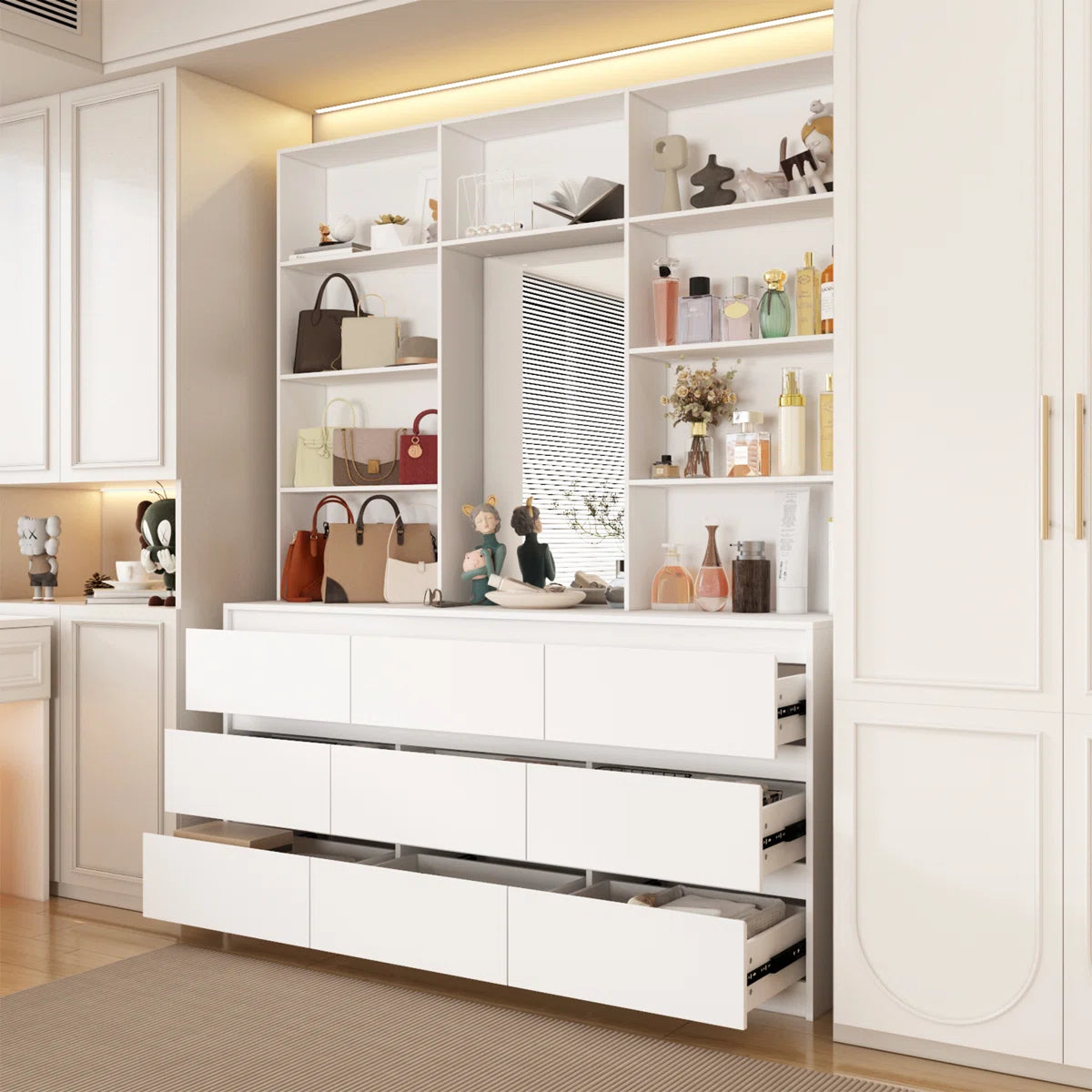 Spacious 9-Drawer 7-Shelf Wardrobe – Wooden Closet with Full-Length Mirror