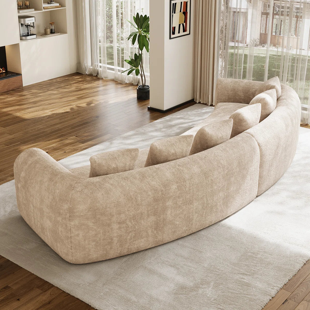 Curved Sectional Sofa with 6 Pillows – Modern Chenille Fabric Modular Couch