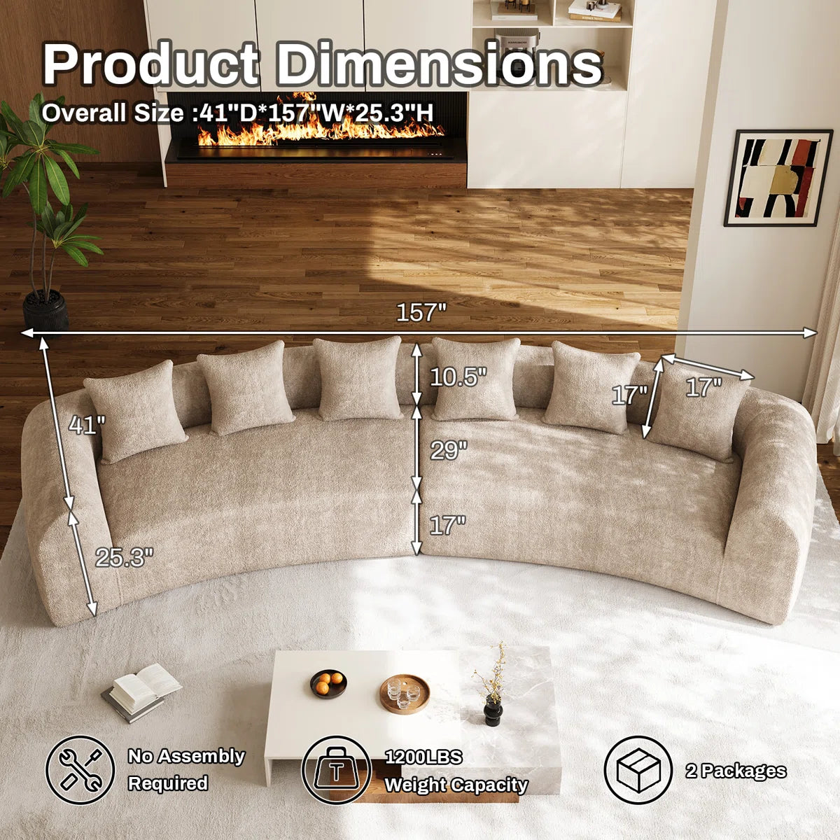 Curved Sectional Sofa with 6 Pillows – Modern Chenille Fabric Modular Couch