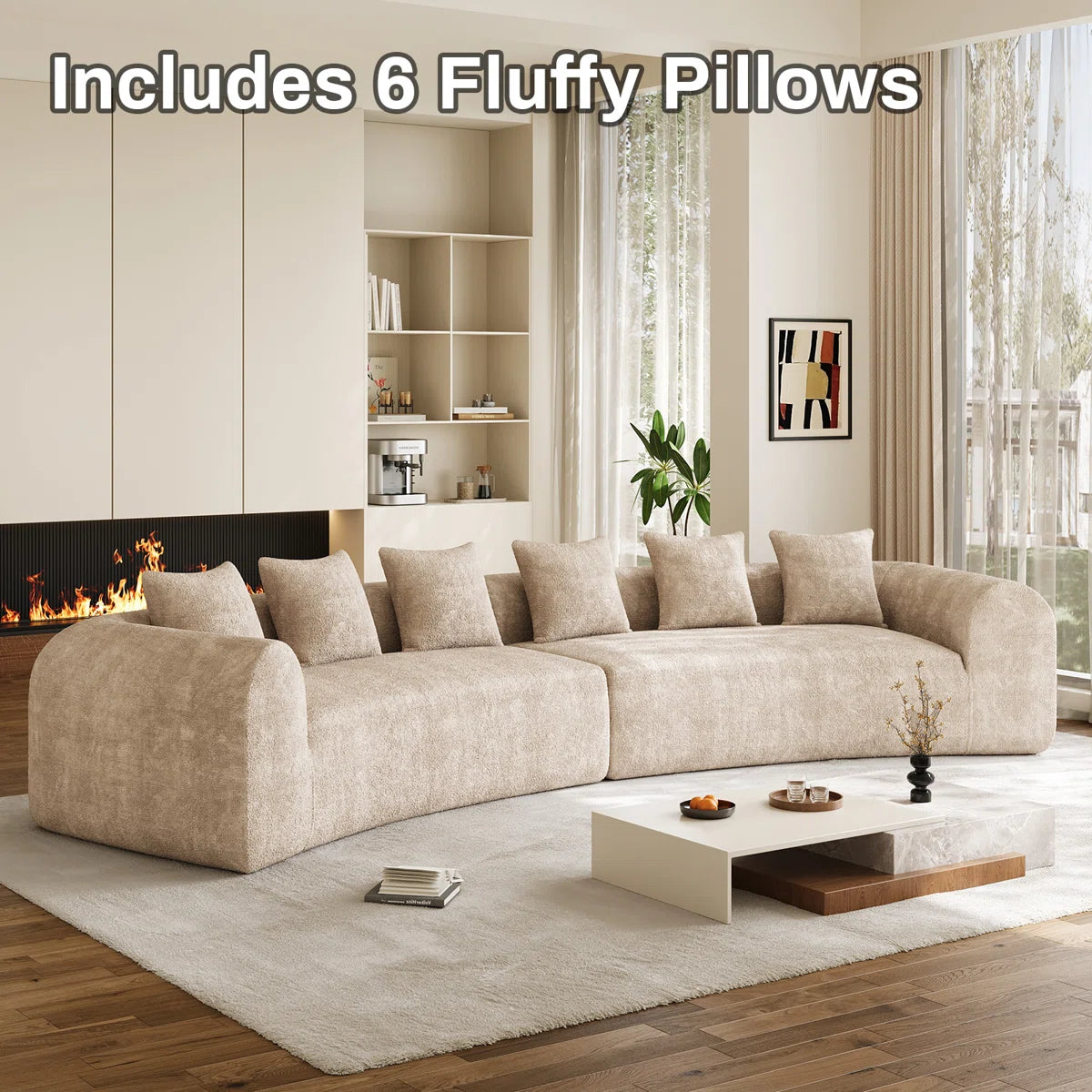 Curved Sectional Sofa with 6 Pillows – Modern Chenille Fabric Modular Couch