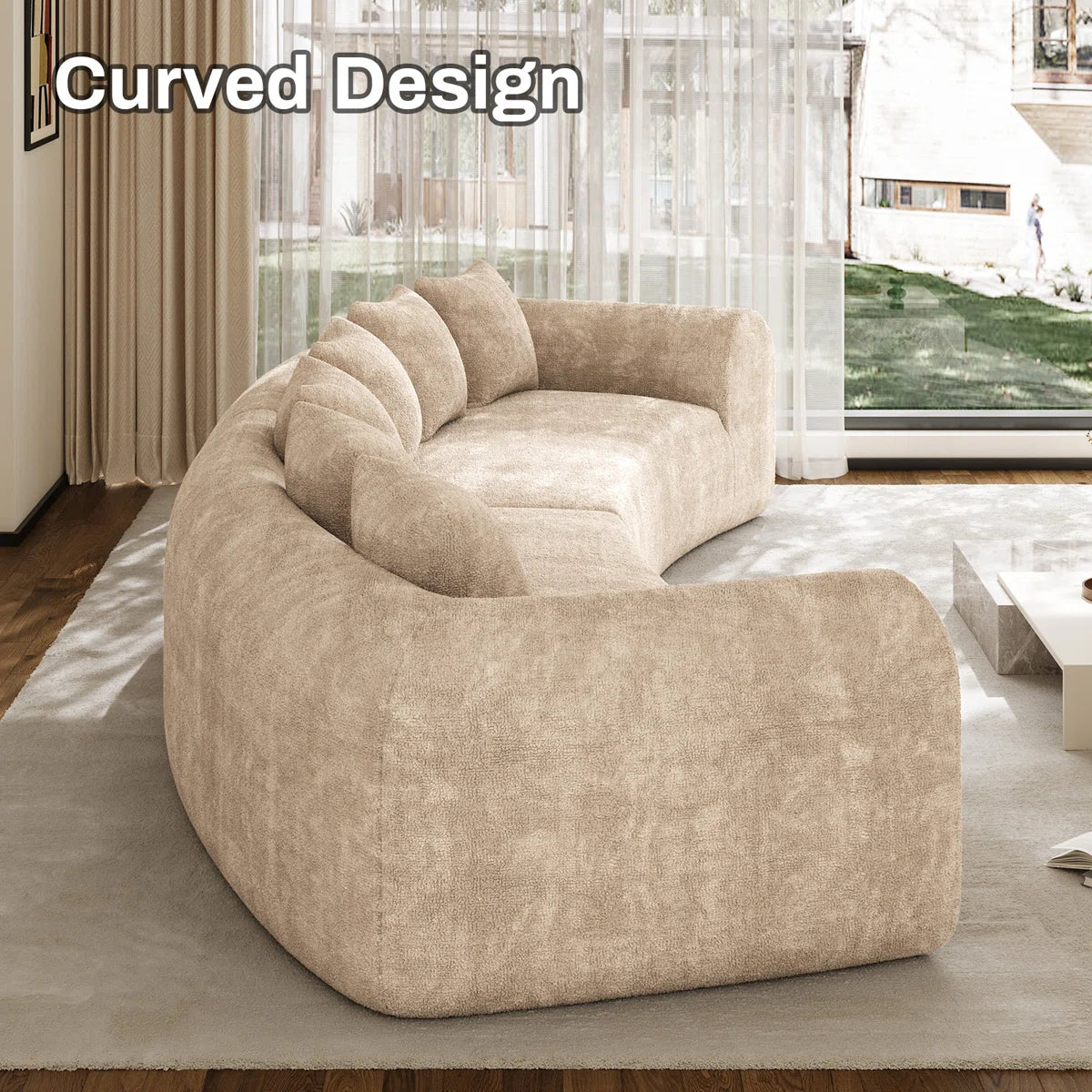 Curved Sectional Sofa with 6 Pillows – Modern Chenille Fabric Modular Couch