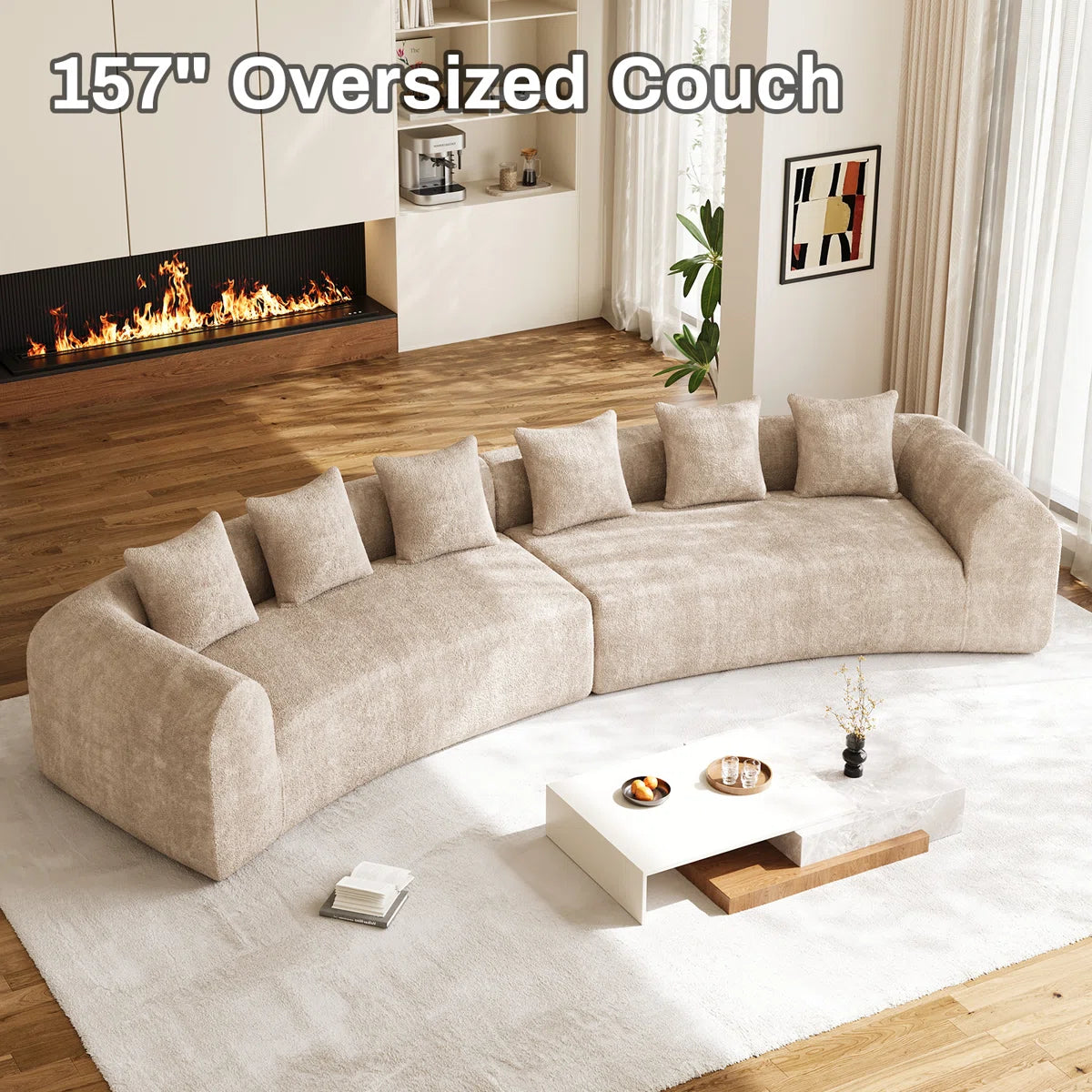 Curved Sectional Sofa with 6 Pillows – Modern Chenille Fabric Modular Couch