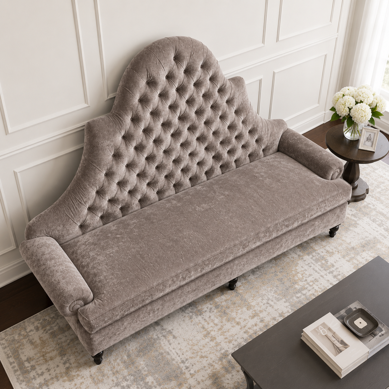 Tufted High Back 2 Seater Sofa with Rolled Arms & Wooden Legs | Elegant Living Room Couch