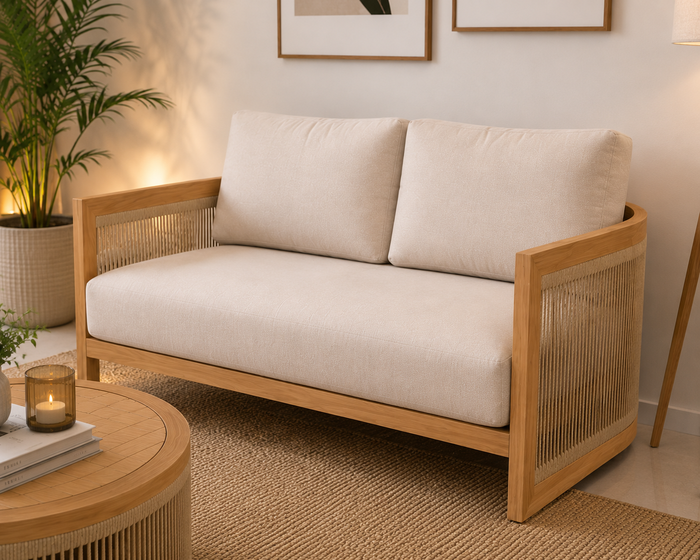 Modern Wooden Cane Accent Chair | Solid Wood Single Seater Sofa | Upholstered Lounge Chair for Living Room