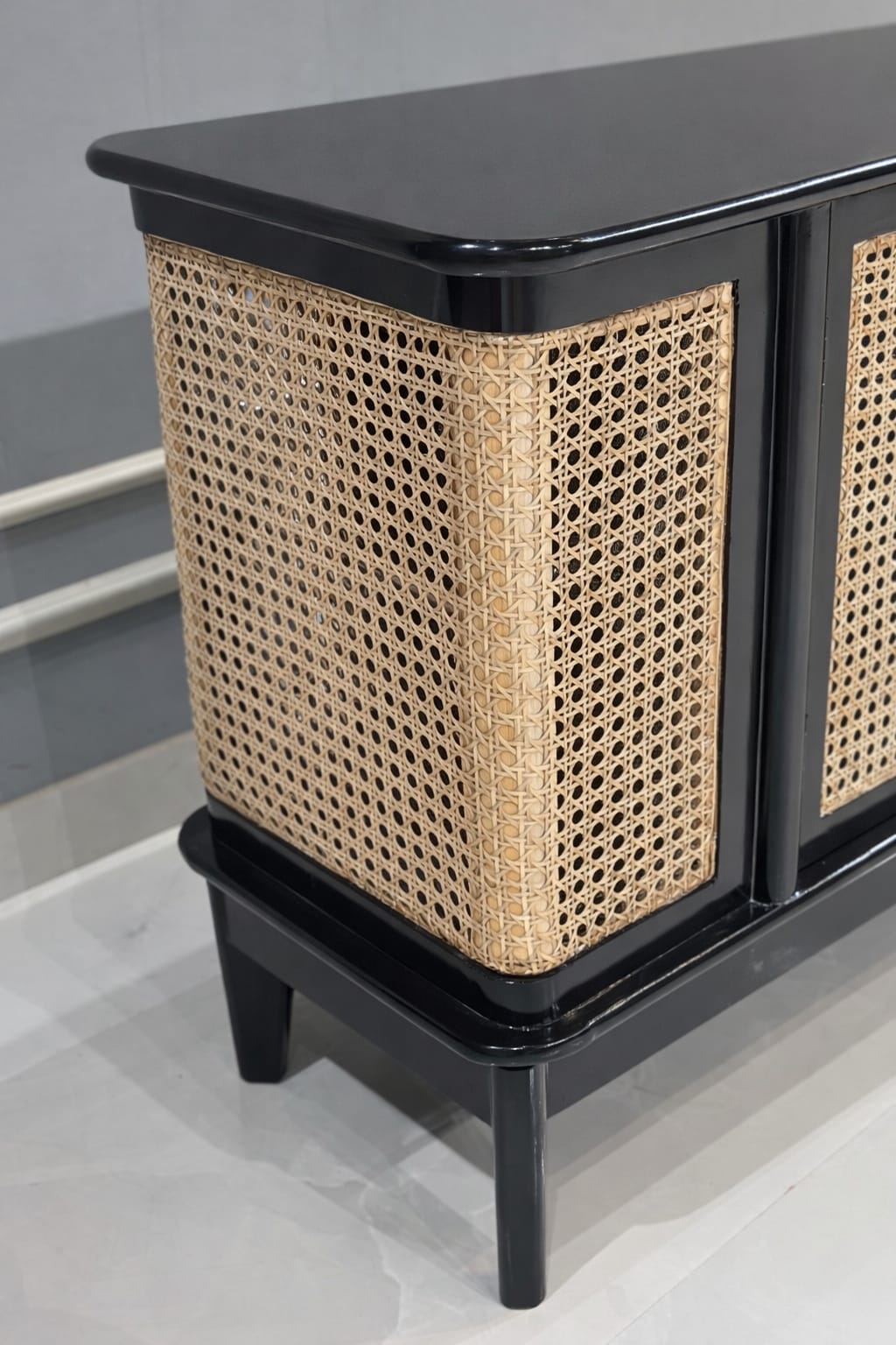 Chic Teak Wood & Rattan Black Sideboard – Stylish Storage Piece