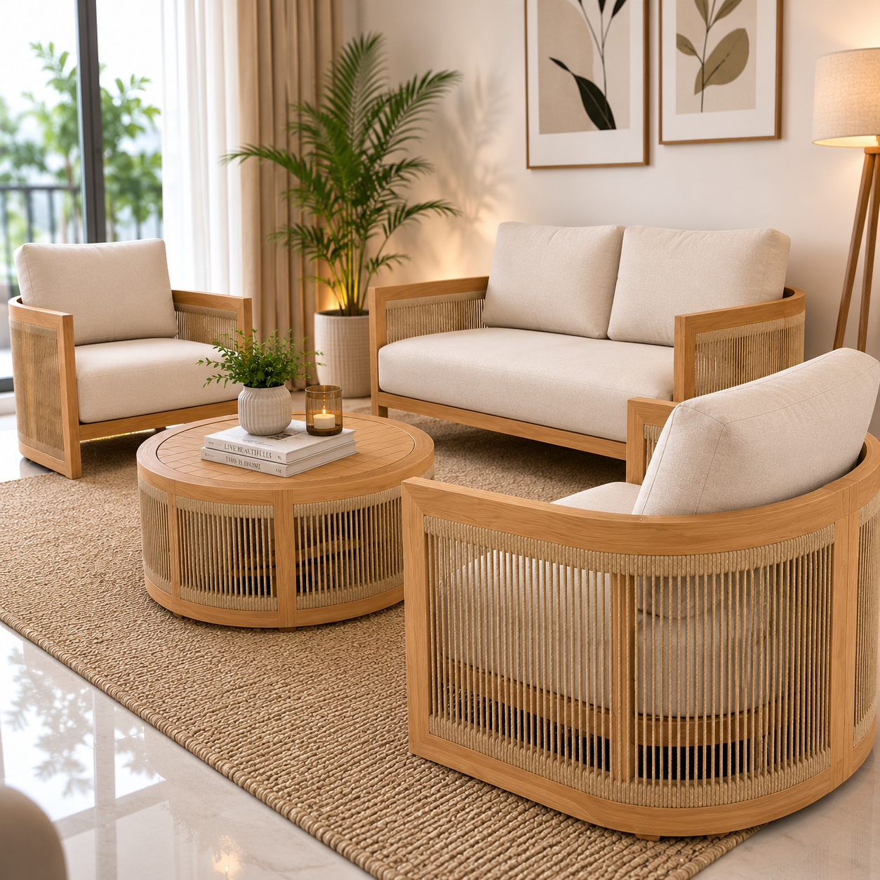 Modern Wooden Cane Accent Chair | Solid Wood Single Seater Sofa | Upholstered Lounge Chair for Living Room
