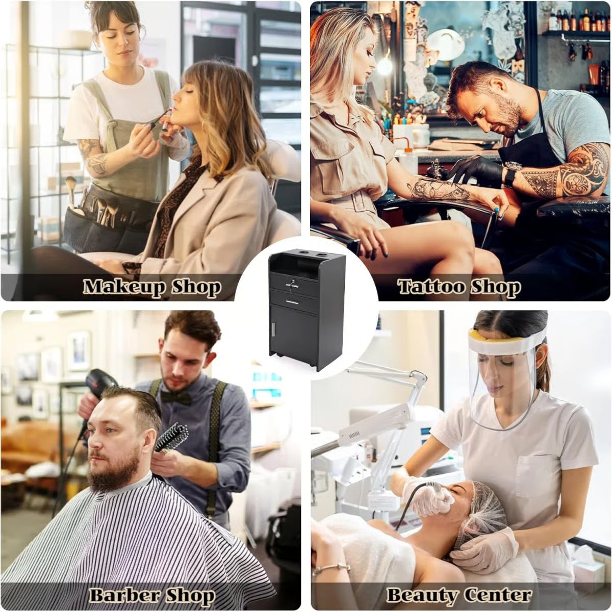 17.75" Modern Italian Beauty Storage Cabinet – Hairdressing Cart with 2 Hair Dryer Holders, Black