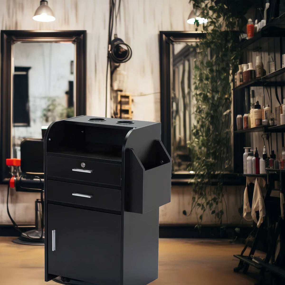 17.75" Modern Italian Beauty Storage Cabinet – Hairdressing Cart with 2 Hair Dryer Holders, Black