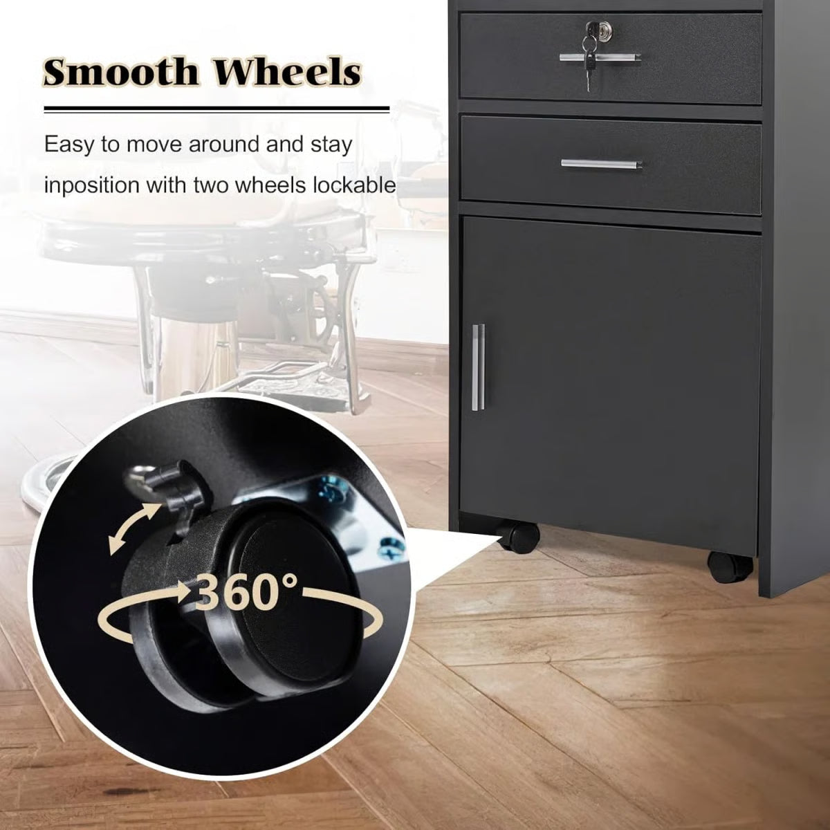 17.75" Modern Italian Beauty Storage Cabinet – Hairdressing Cart with 2 Hair Dryer Holders, Black