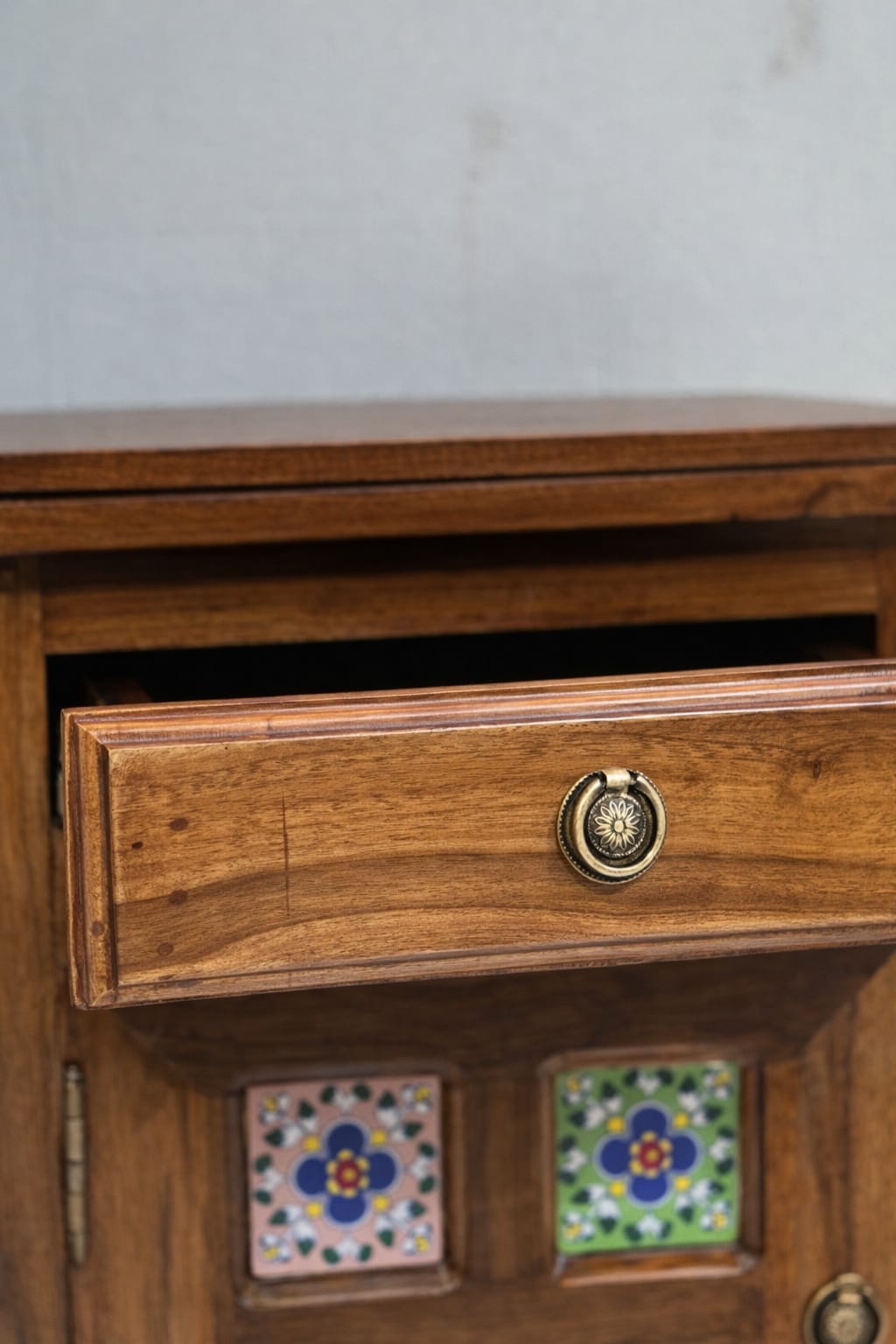 Handcrafted Solid Wood Bedside Table with Hand-Painted Tile Inlay | Rustic Vintage Side Table with Storage Cabinet