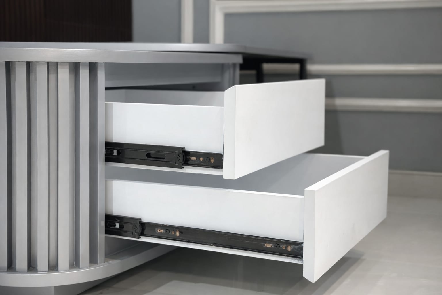 Marble Top Coffee Table in Grey Colour With Rotateable Top & 2 Pouffes