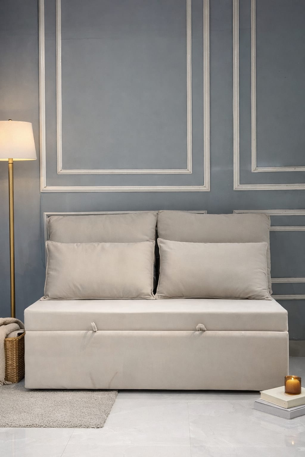 Premium Upholstered Sofa Cum Bed with Cushioned Backrest | Modern Space-Saving Fabric Sofa Bed