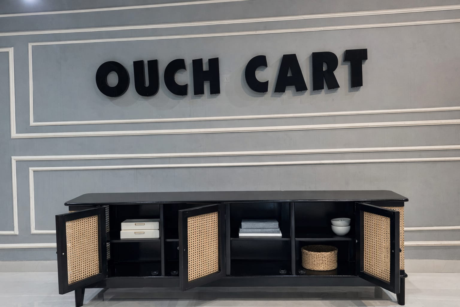 Chic Teak Wood & Rattan Black Sideboard – Stylish Storage Piece