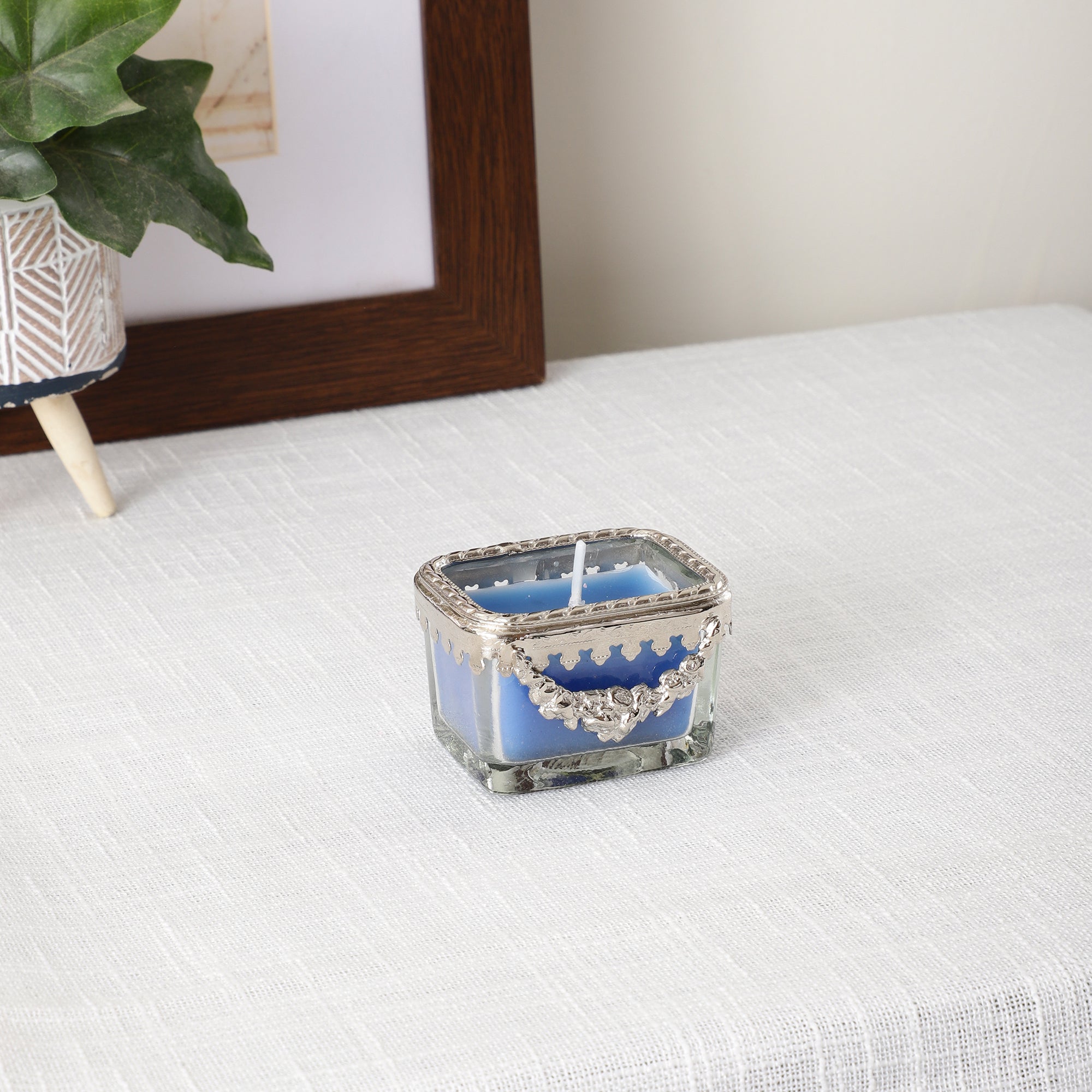 ocean breeze blue Scented candle glass jar with silver ring - OUCHCART