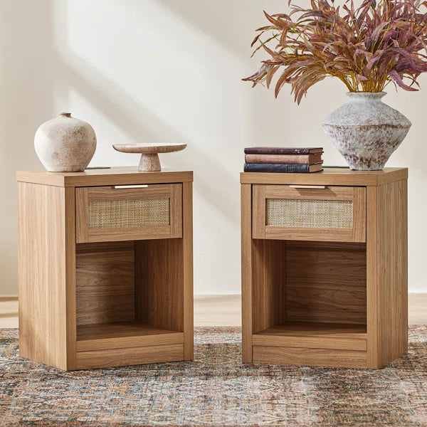 Bohemian Rattan Bedside Tables Set of 2 – Wooden Nightstands with Drawer, Shelf & Charging Station