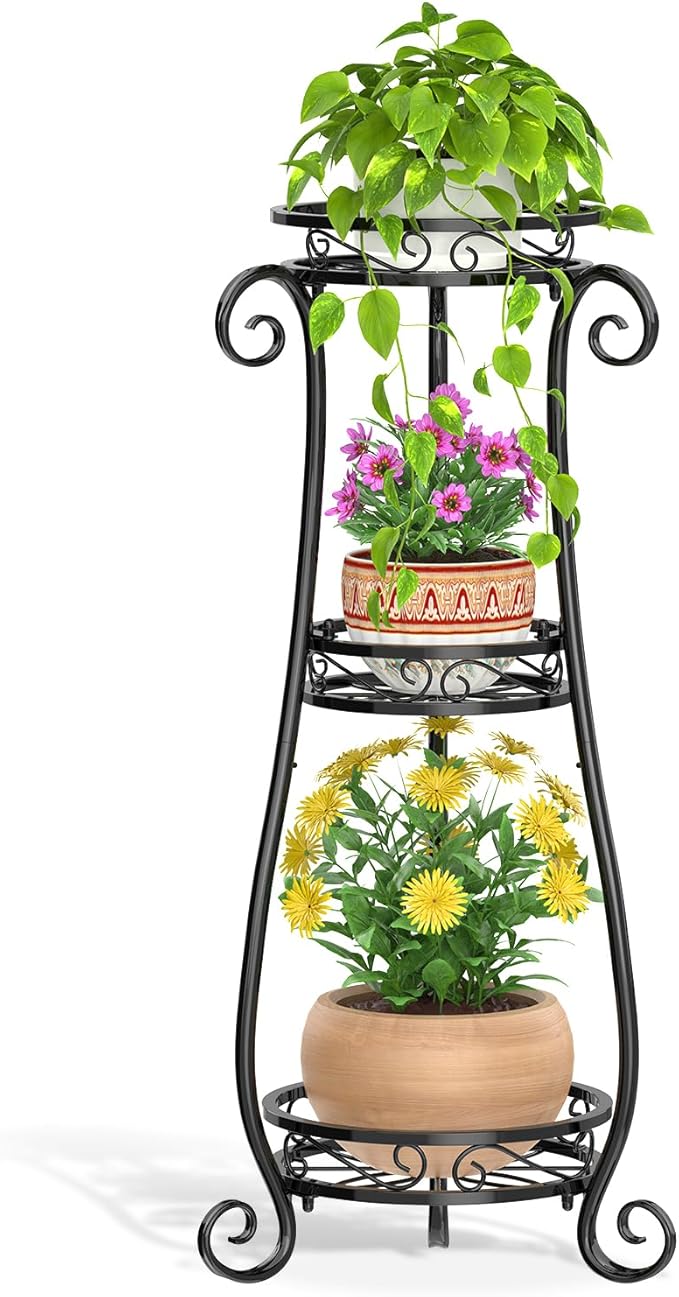 LASZOLA 3 Tier Black Metal Plant Stand for Multiple Large Planters Indoor Outdoor Organizer, Heavy Duty Tall Flower Stand for Corner Patio Bathroom Office, Modern Sturdy Vertical Iron Rack, Cat Proof-OUCH CART 