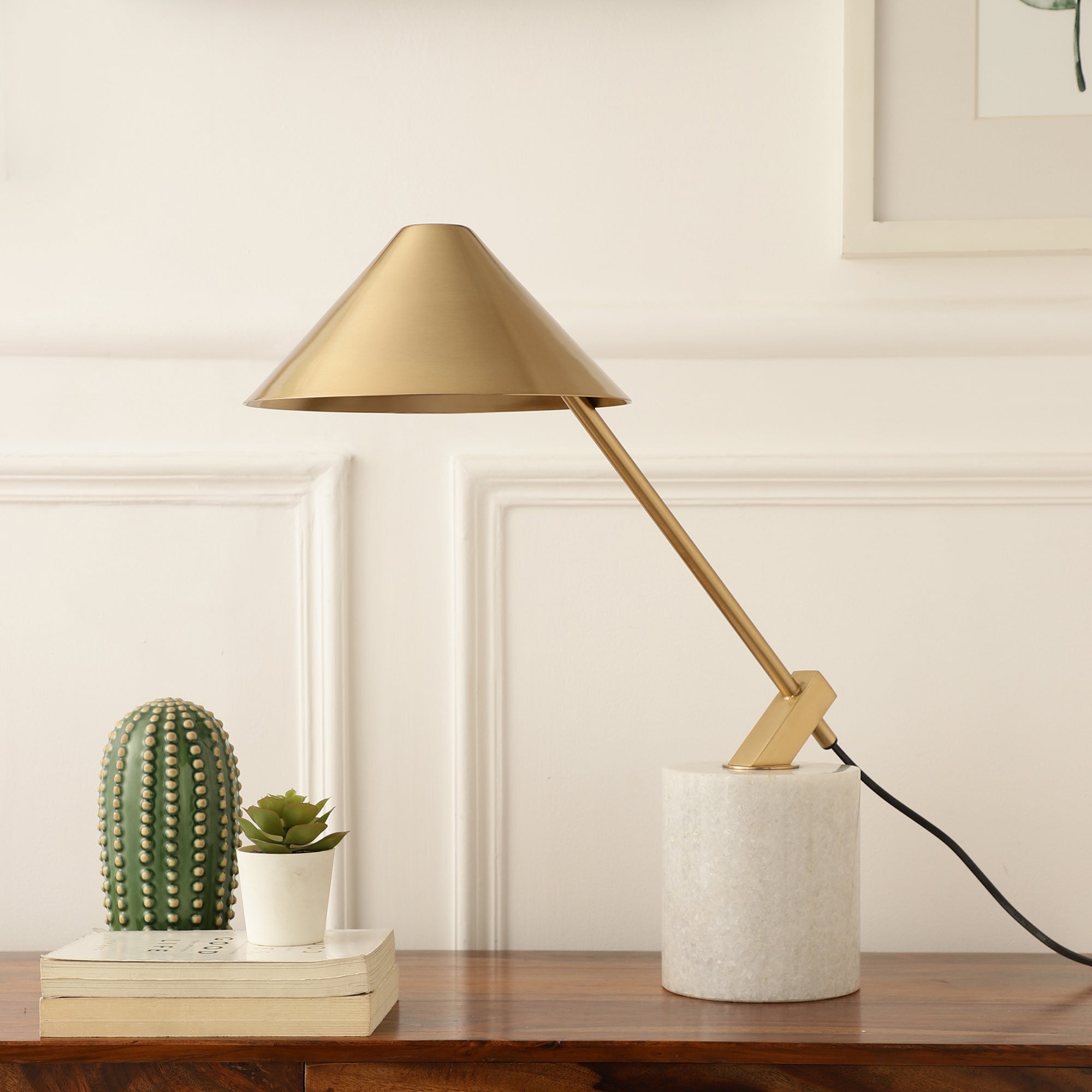 Gold Metal Cone Shade Lamp with white  Marble Base