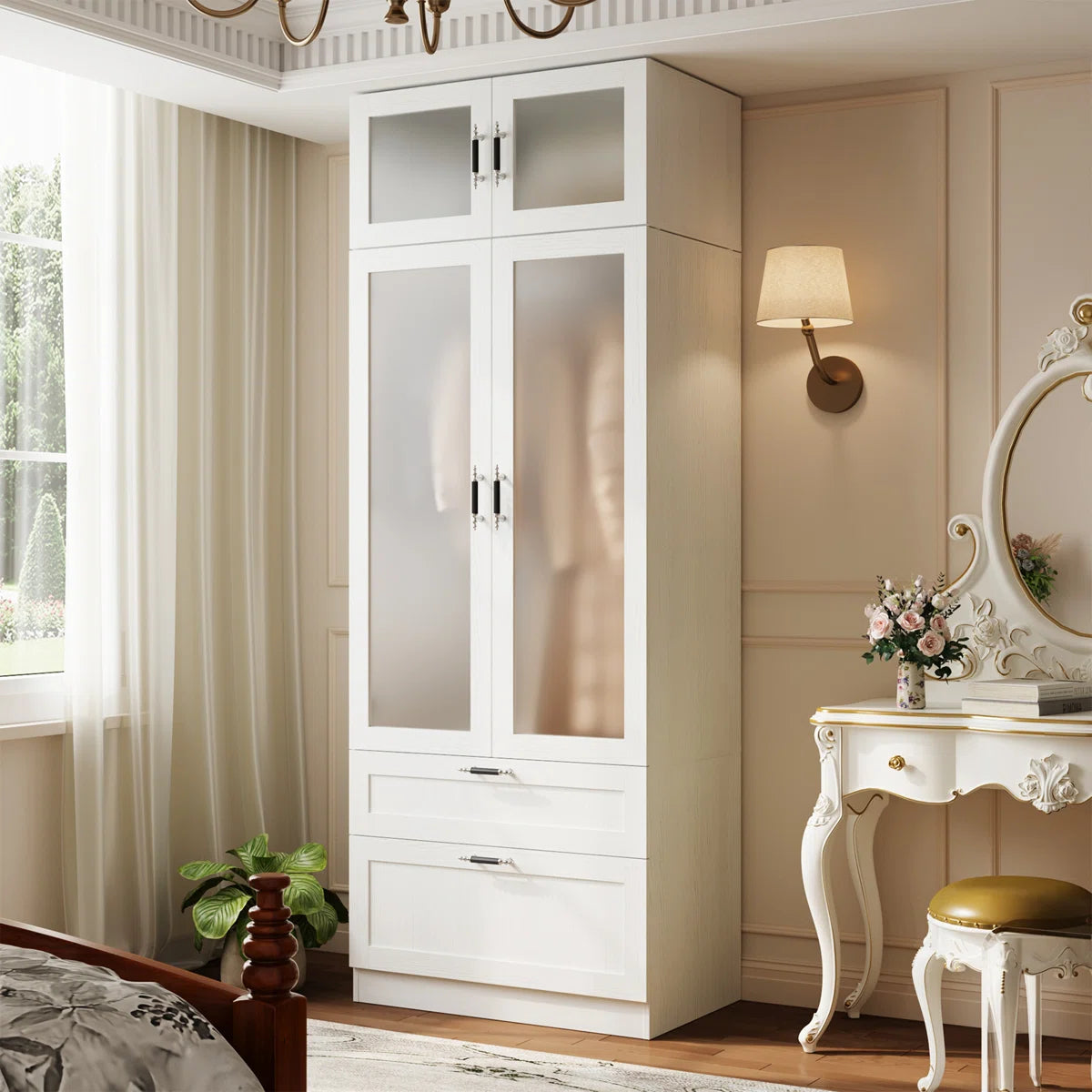 Wood Grain Meissalivve 2 Door Wardrobe Closet with Hanging Rod and Frosted Glass-OUCH CART | Wardrobe 