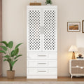 75.6''H Armoire Wardrobe With Sensor Light, 3 Hand-Made Woven Rattan Doors, Hanging Rod And 3 Drawers