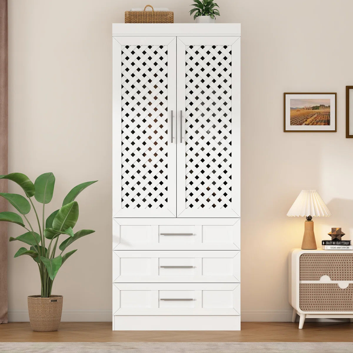 Rattan 3-Door Armoire – 75.6" H Wardrobe with Sensor Light, Hanging Rod & 3 Spacious Drawers-OUCH CART |Wardrobe 