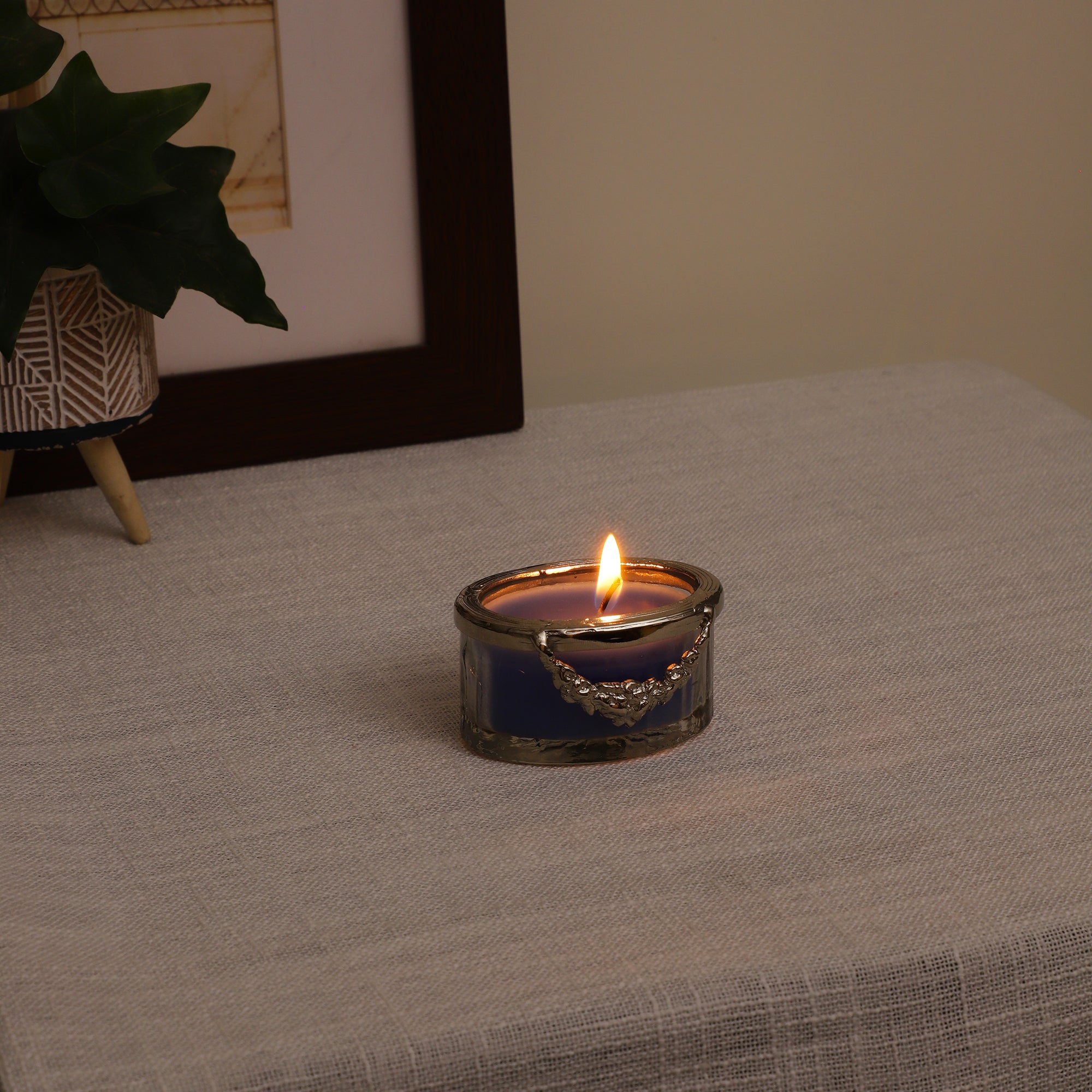 ocean breeze blue Scented candle jar with Silver ring