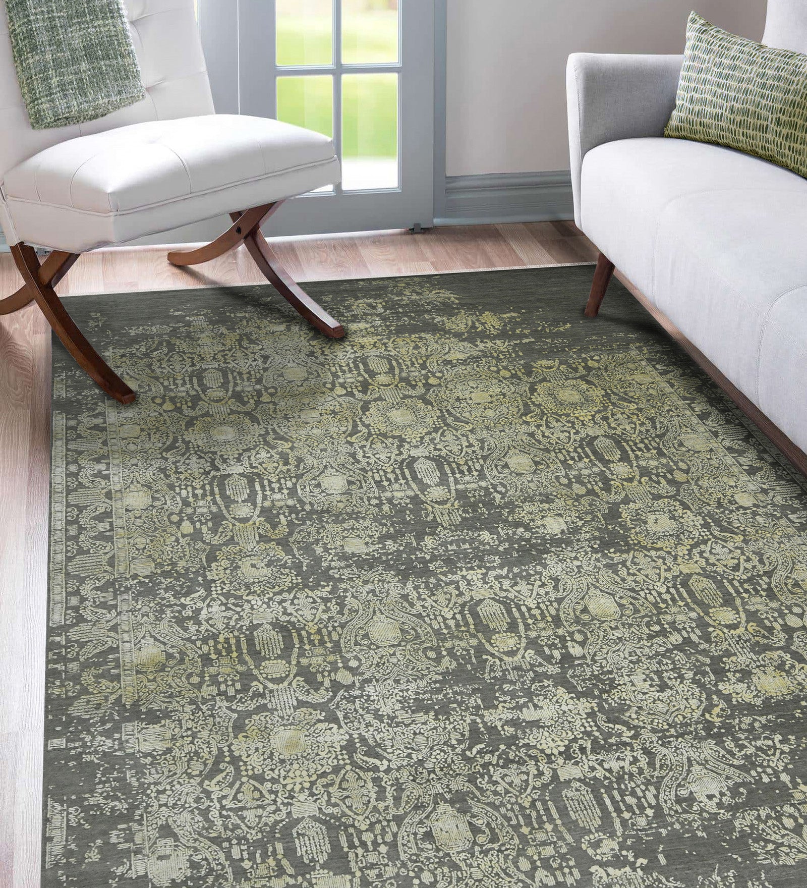 Pearl Transitional Pattern Hand Knotted  Rectangle Anti-Skid Designer Carpet, Prayer Rug For Office Cabins, Small Living Spaces - 2'X3'