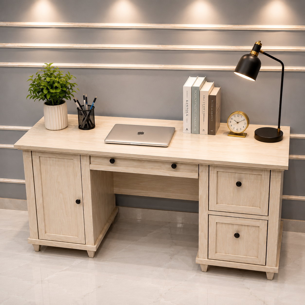 Modern Wooden Office Desk with Storage Cabinet & File Drawers