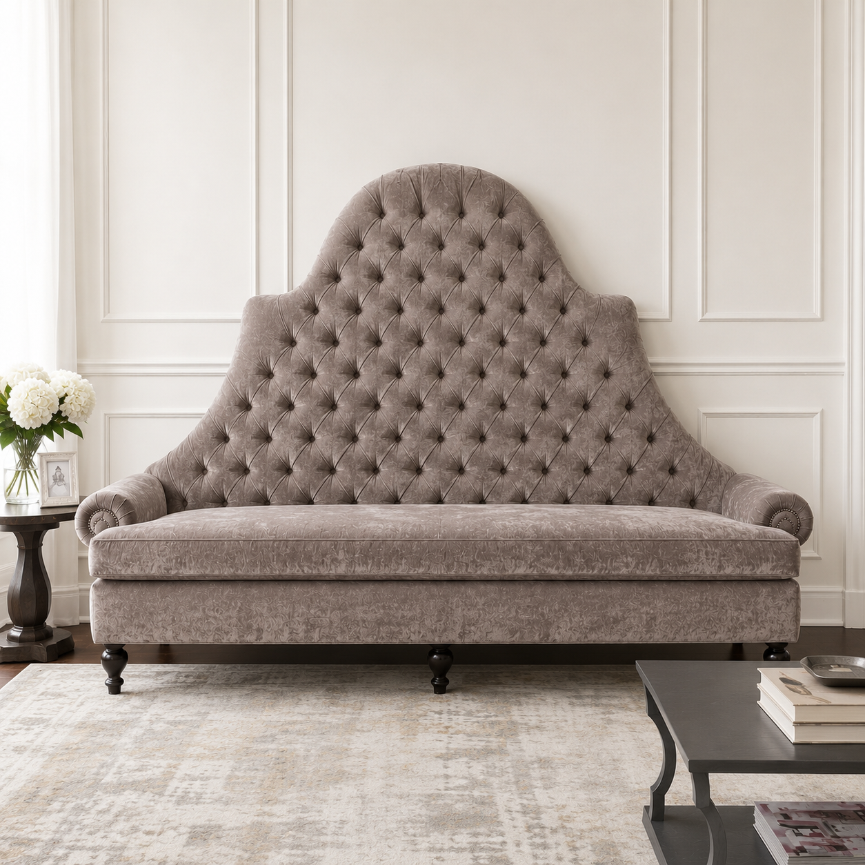 Tufted High Back 2 Seater Sofa with Rolled Arms & Wooden Legs | Elegant Living Room Couch