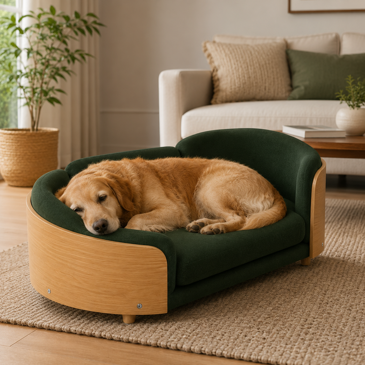 Modern Luxury Wooden Dog Sofa Bed with Soft Cushion | Premium Pet Couch for Medium & Large Dogs