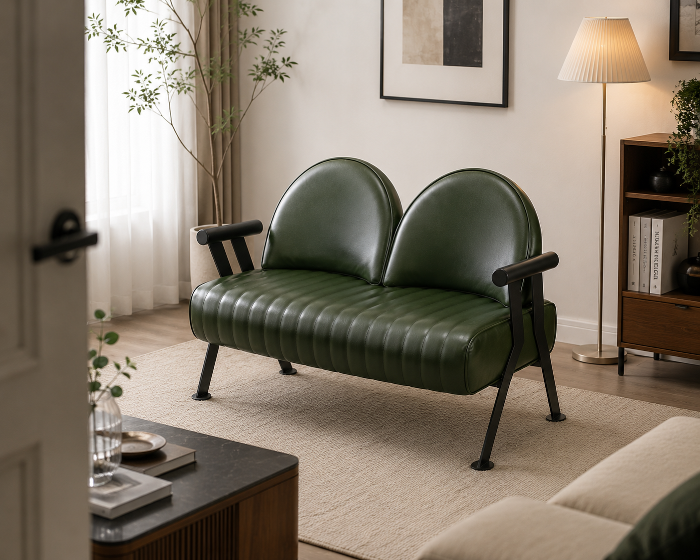 Modern Green Leather Loveseat Sofa | Premium Upholstered 2-Seater Accent Sofa with Metal Frame