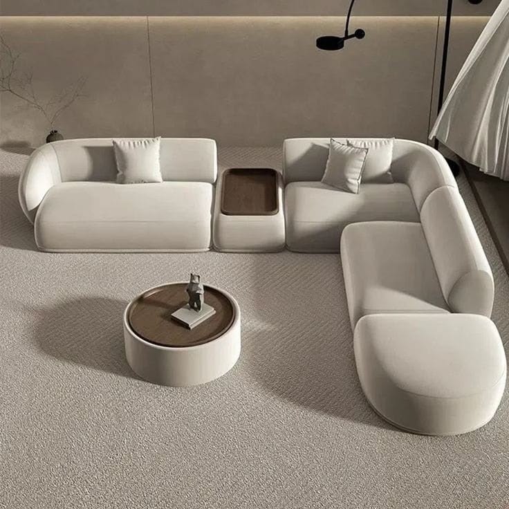 Ouch Cart Modern Curved Modular Sectional Sofa with Wooden Side Tray | Luxury Bouclé Upholstered L-Shaped Sofa Set for Living Room | Minimalist Contemporary Couch, Cream White