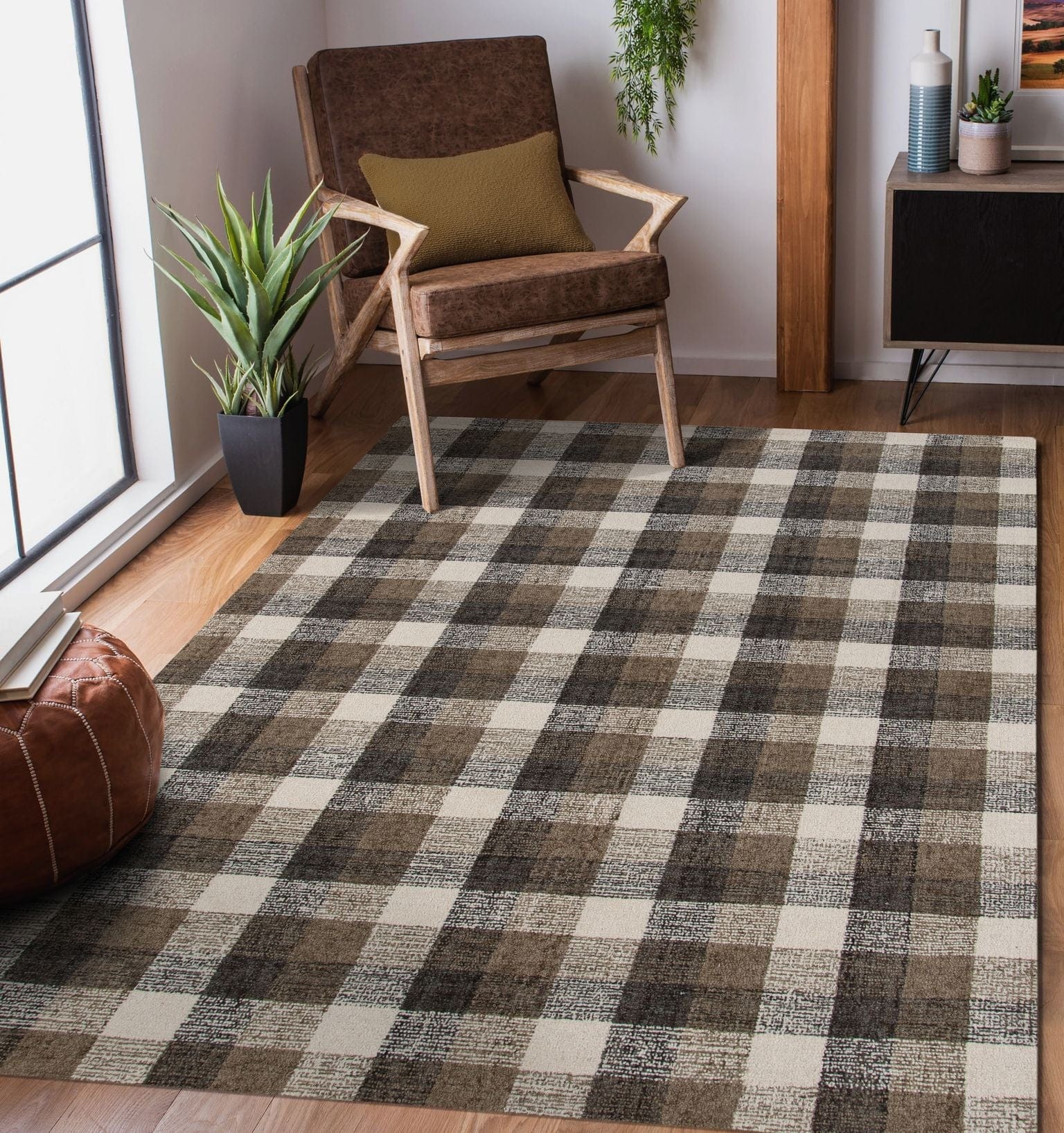 Khaki Wool Tartan 8X10 Feet  Hand-Tufted Carpet - Rug