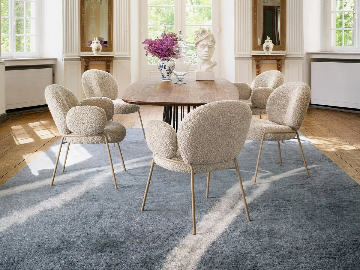 Luxurious Designer Wooden Dining Table Set with 5 Plush Fabric Chairs