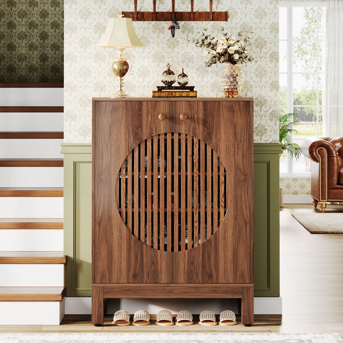 Ventilated Shoe Storage Cabinet with Adjustable Shelves, Wooden Entryway Shoe Organizer for 20 Pairs