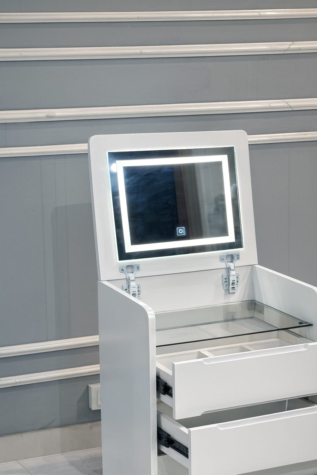 47’’ High-End Makeup Vanity Set with Glass Top, 5 Drawers, Built-In Power & Stool