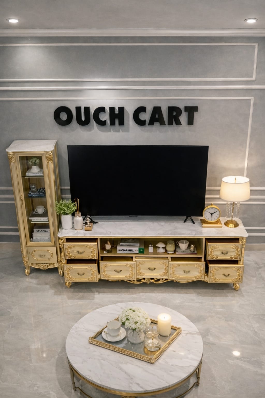 Luxury Royal Gold Finish TV Cabinet & Console Table with Storage Drawers