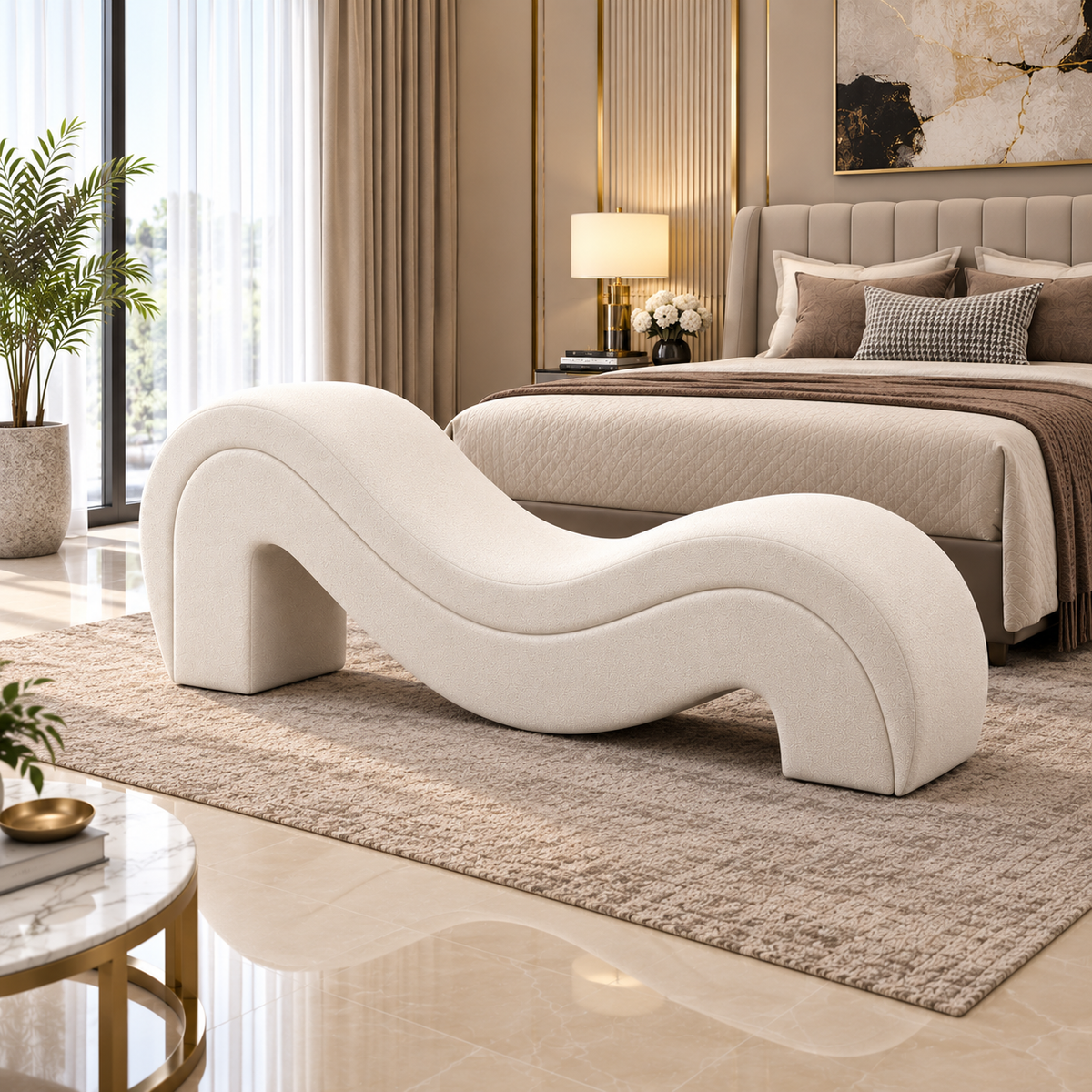Luxury S-Shaped Chaise Lounge | Modern Cream Bouclé Daybed for Bedroom & Living Room