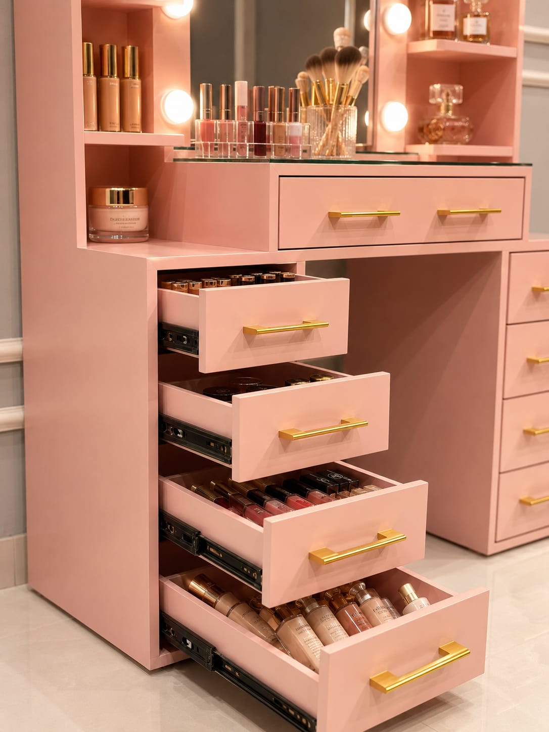 Ouch Cart Modern Pink Dressing Table with Storage Drawers | Premium Makeup Vanity Table for Bedroom | Stylish Wooden Vanity Desk with Shelves & Organizer