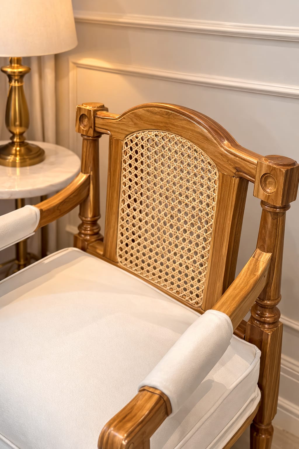 French Style Solid Mahogany Armchair Set of 2 with Rattan Back & Ivory Upholstery | Antique White Washed Accent Chairs