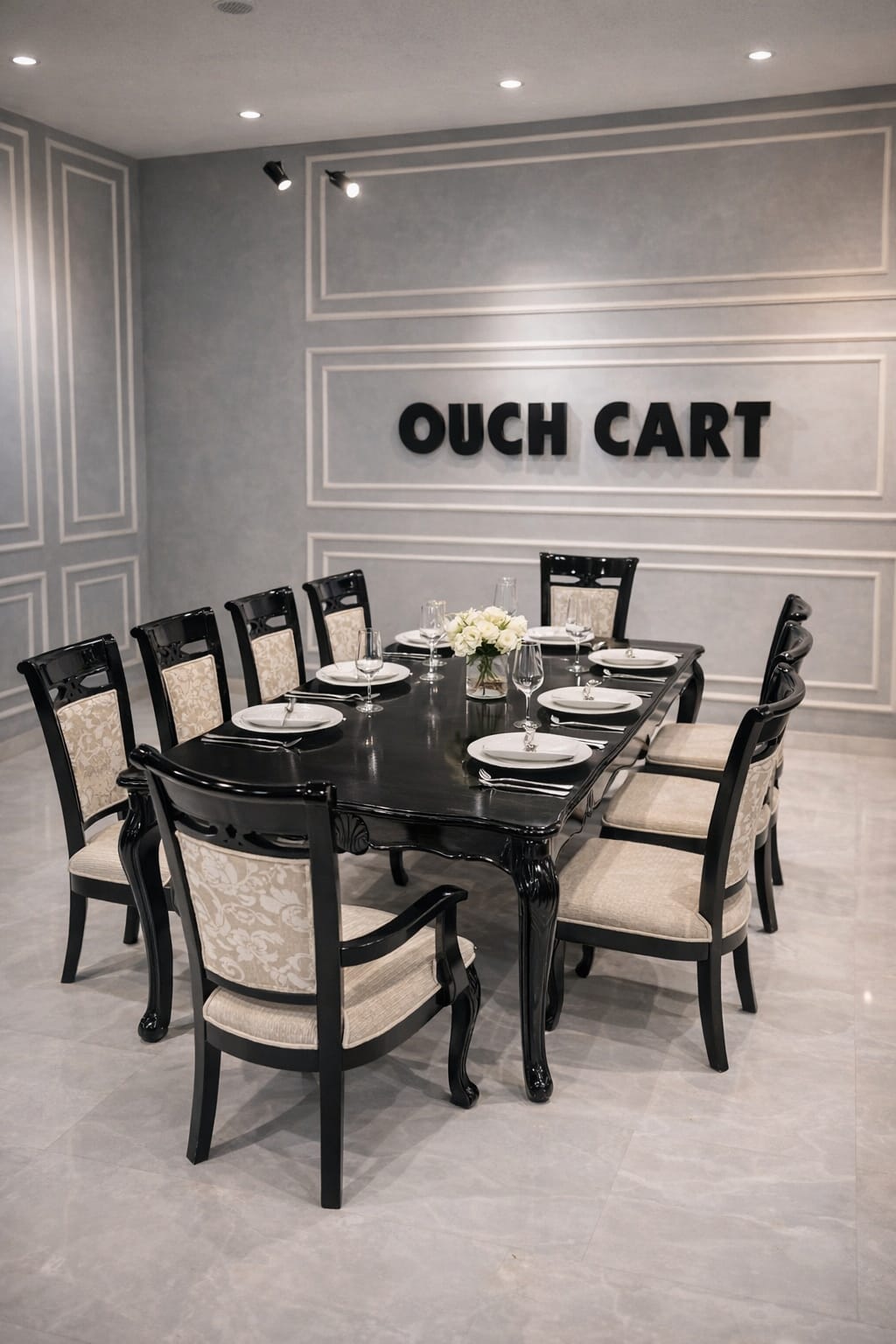 Luxury Black High Gloss 8-Seater Dining Table Set with Upholstered Chairs