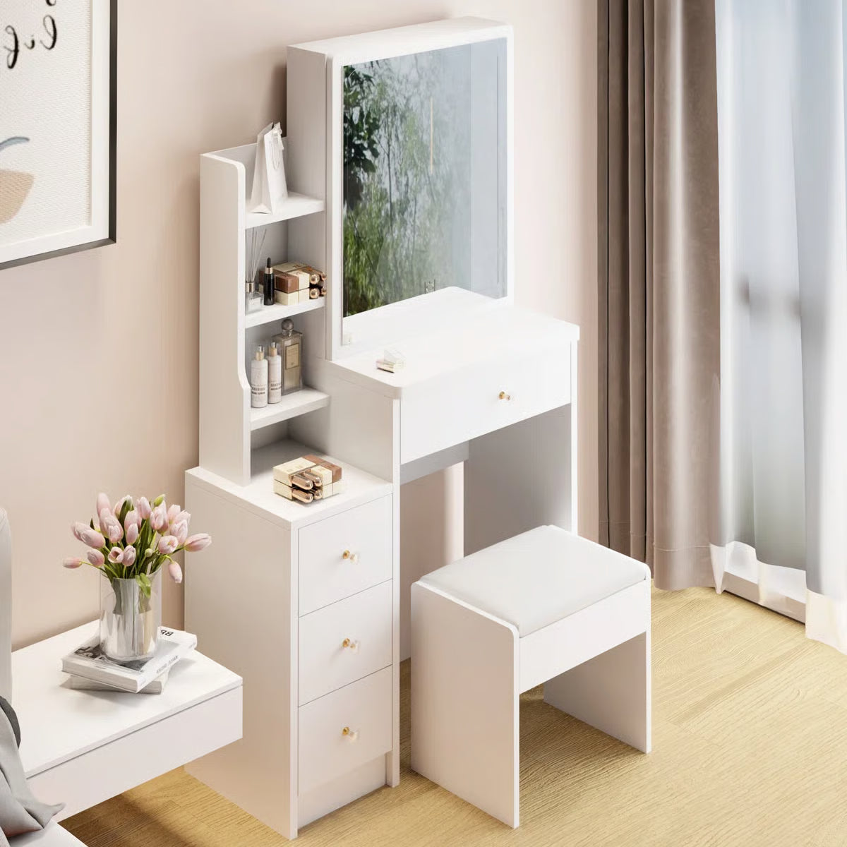 Space-Saving White Vanity Table – 29.2" Small Bedroom Piece, 50.4" Tall with High Storage-OUCH CART |Dressing table