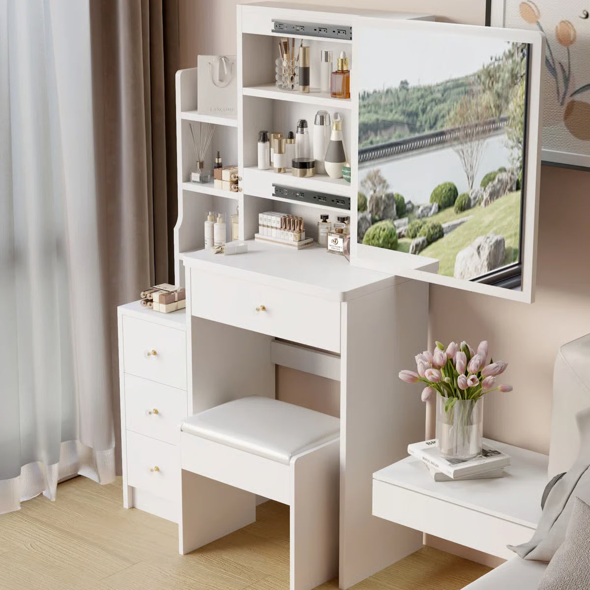 Space-Saving White Vanity Table – 29.2" Small Bedroom Piece, 50.4" Tall with High Storage