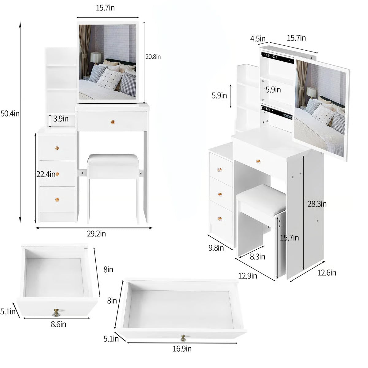 Space-Saving White Vanity Table – 29.2" Small Bedroom Piece, 50.4" Tall with High Storage
