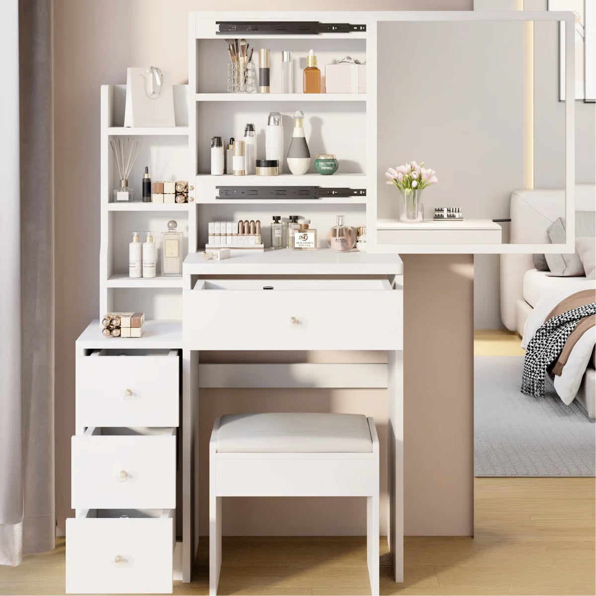 Space-Saving White Vanity Table – 29.2" Small Bedroom Piece, 50.4" Tall with High Storage-OUCH CART |Dressing table