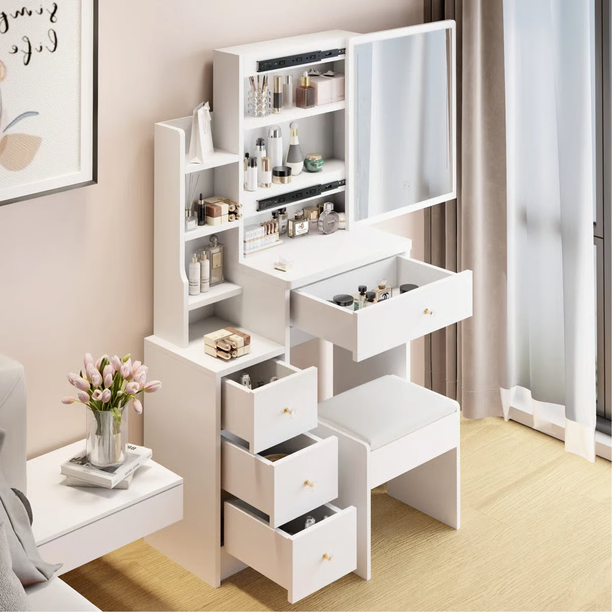 Space-Saving White Vanity Table – 29.2" Small Bedroom Piece, 50.4" Tall with High Storage