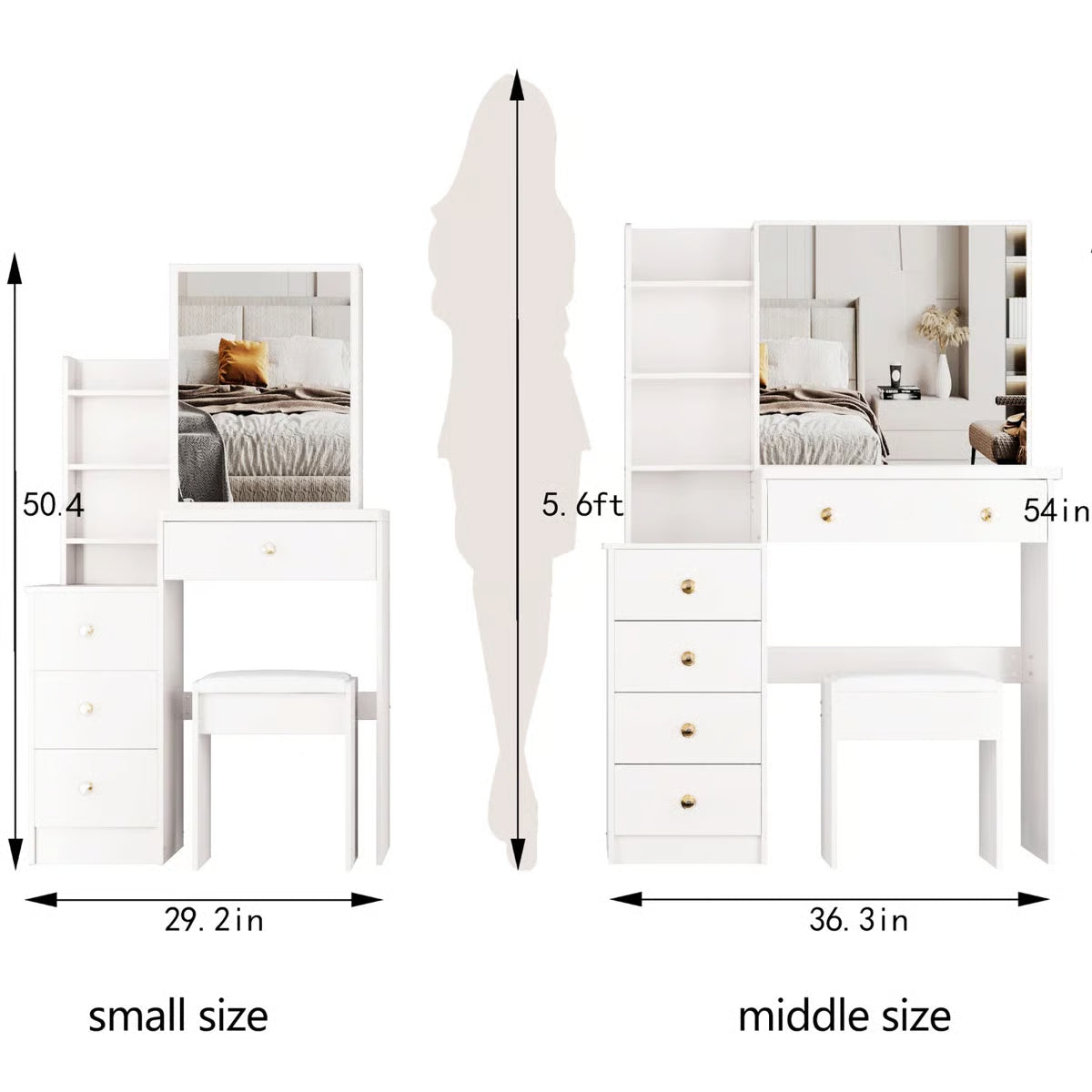 Space-Saving White Vanity Table – 29.2" Small Bedroom Piece, 50.4" Tall with High Storage-OUCH CART |Dressing table